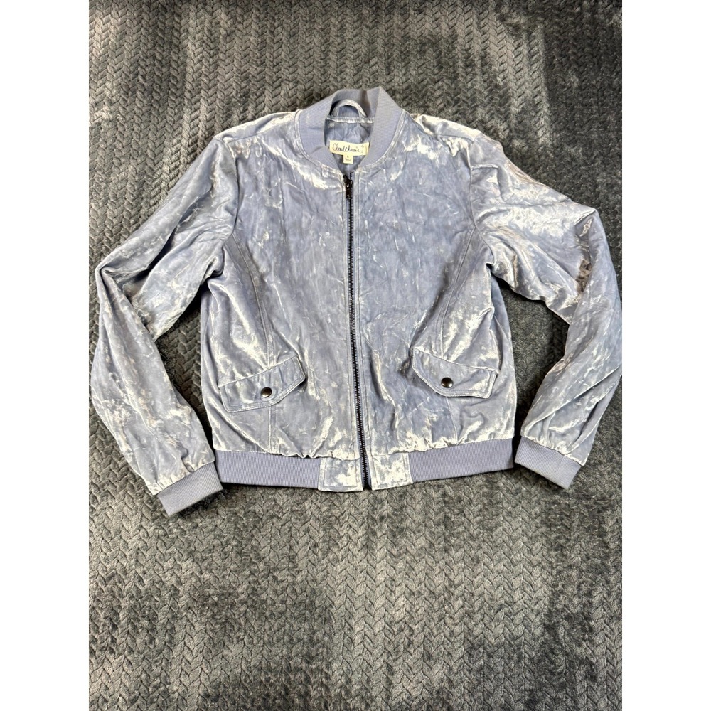 Cloud Chaser Crushed Velvet Bomber Jacket Womens Small Blue Stretch Lined Zip Up